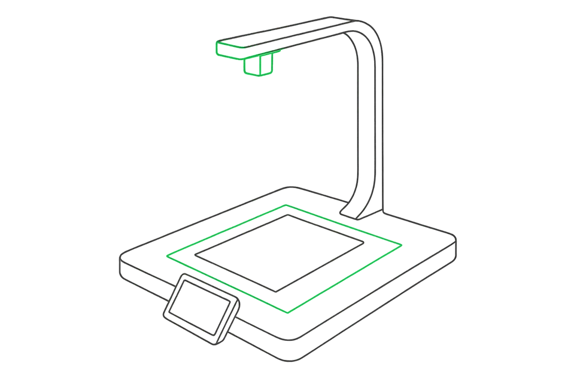 The Dodo scanner: an overhead camera on an arm above a weighted base holding a document, with a front touchscreen