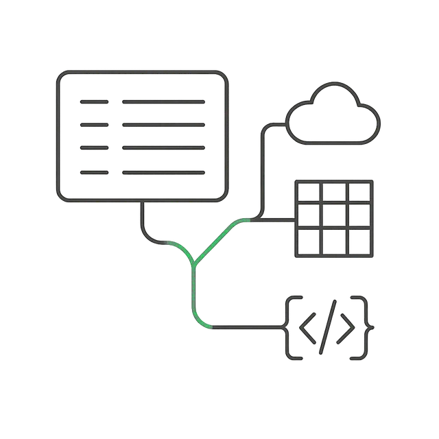 Line drawing of a record branching out to a cloud, a spreadsheet and a code block