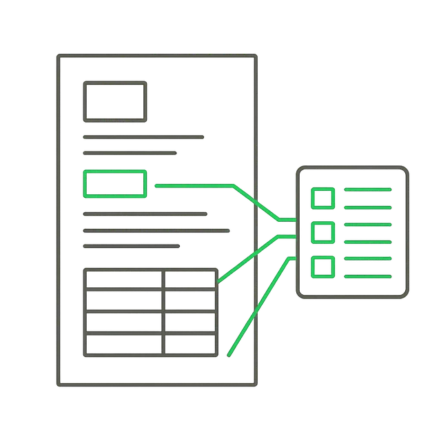 Line drawing of field boxes lifting values off a paper invoice into a structured record