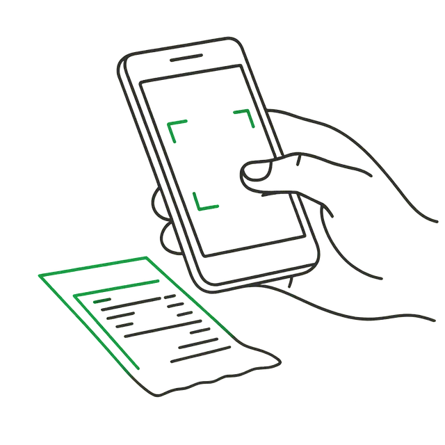 Line drawing of a hand photographing a receipt with a phone