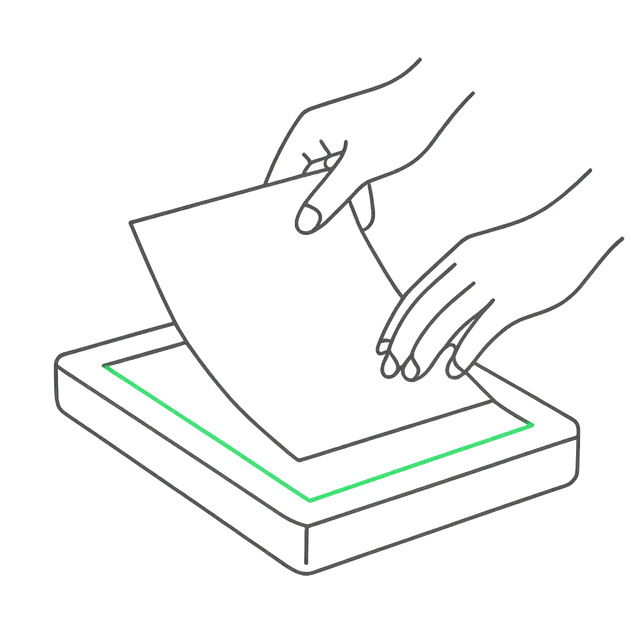 Line drawing of hands placing a sheet of paper on the scanner base